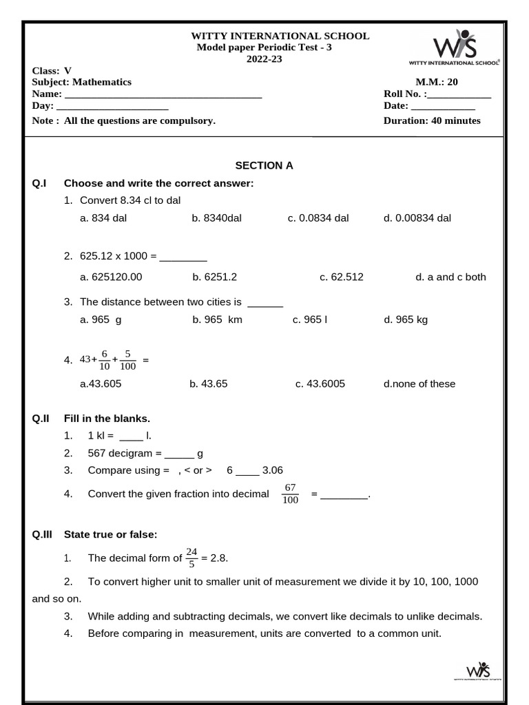 Class V Math Model Paper 2022-23 | PDF | Foods