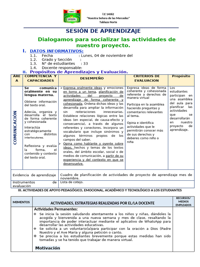 Planificación de Proyecto de Aprendizaje | PDF | Aprendizaje | Evaluación