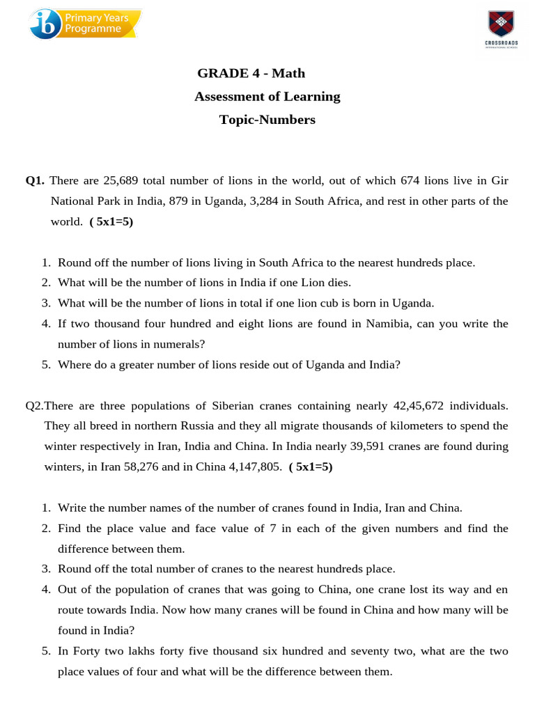 Grade 4 Math Assessment: Numbers | PDF