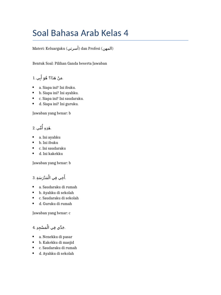 Soal Bahasa Arab Kelas 4: Keluarga & Profesi | PDF