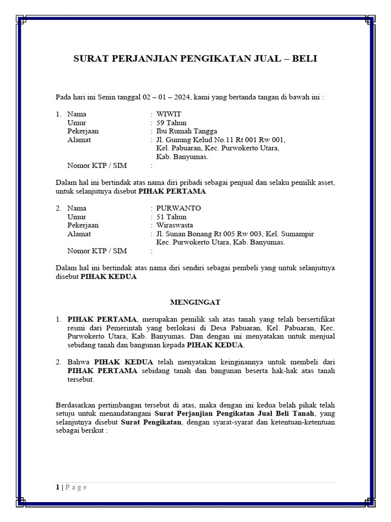 Surat Perjanjian Jual Beli Tanah 2024 | PDF