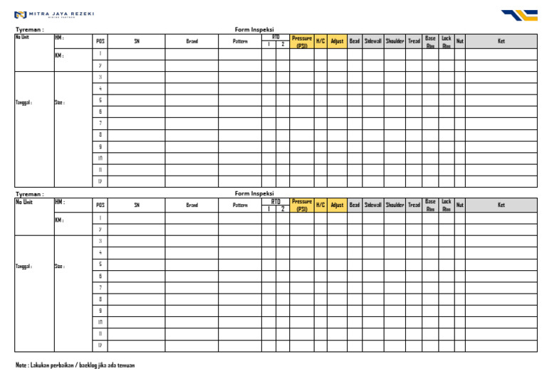 Tire Inspection Form Template | PDF