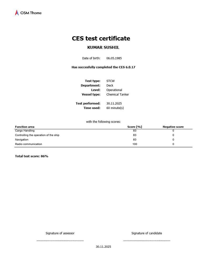CES 6.0.17 Test Certificate - Deck Operations | PDF