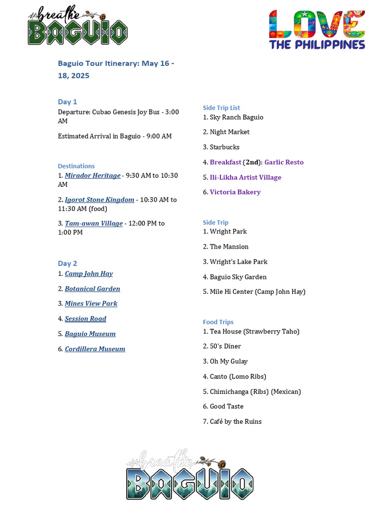 Baguio Tour Itinerary May 16-18-2025 | PDF