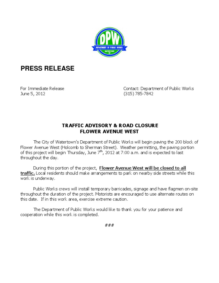Flower Avenue West Road Closure Notice | PDF