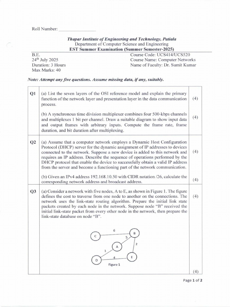 Computer Networks Exam Paper 2025 | PDF | Channel Access Method ...