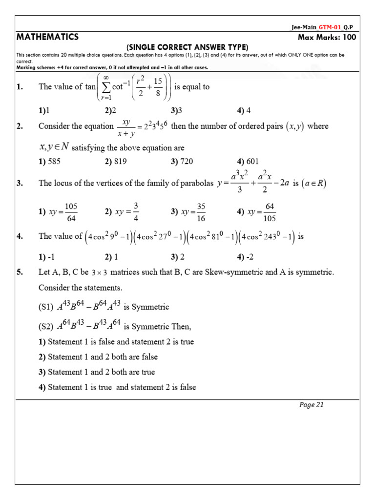 JEE Main Mathematics Question Paper | PDF | Function (Mathematics ...