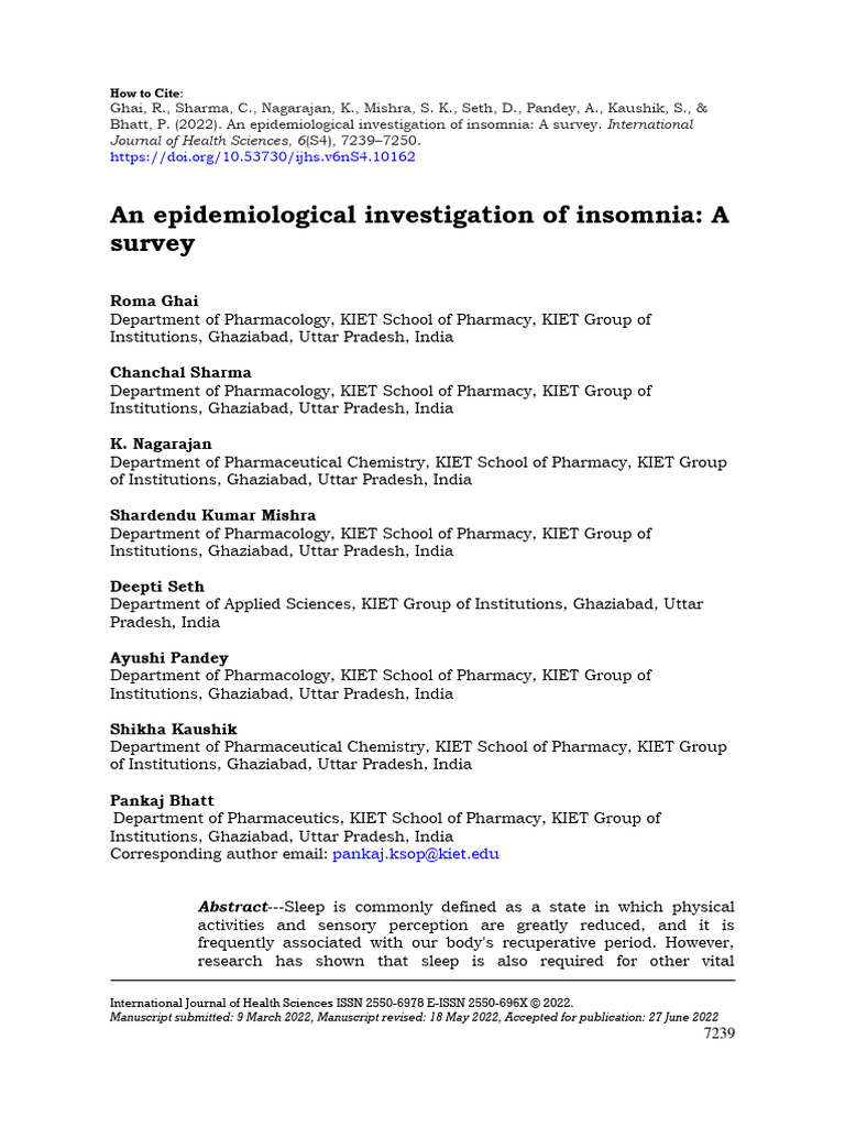 Epidemiological Study of Insomnia | PDF | Insomnia | Sleep
