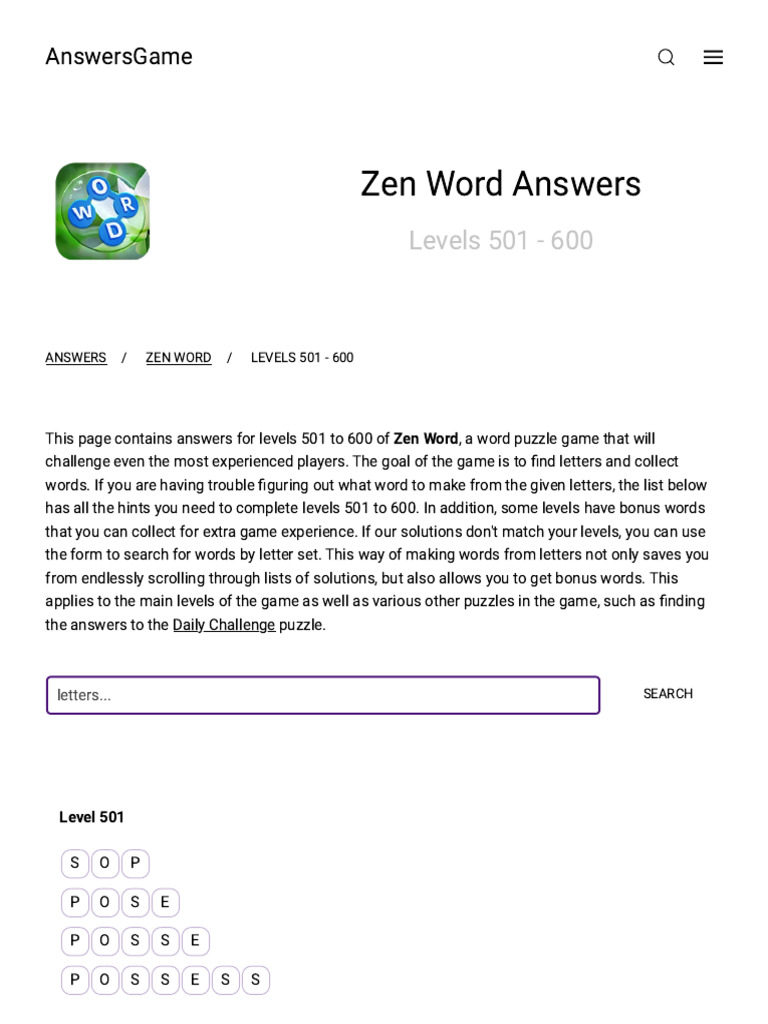 Zen Word Levels 501 - 600 Answers | PDF