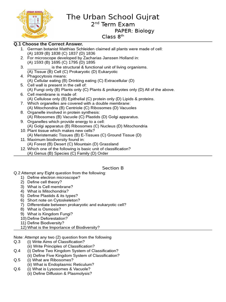 Class 8 Biology Exam Paper Guide | PDF | Cell (Biology) | Organelle