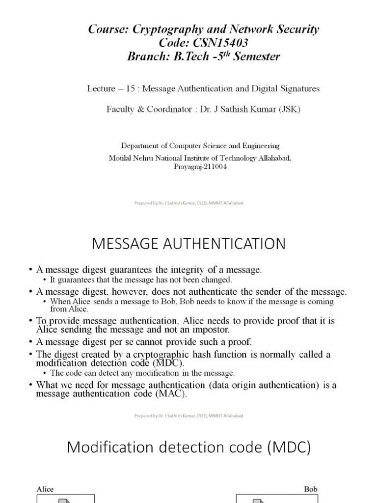 Lecture 15 - Message Authentication and Digital Signatures | PDF