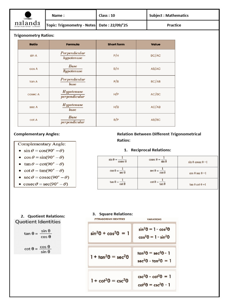 Class 10 Trigonometry Notes | PDF