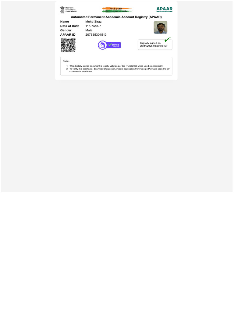 Automated Permanent Academic Account Registry (APAAR) Name Date of ...