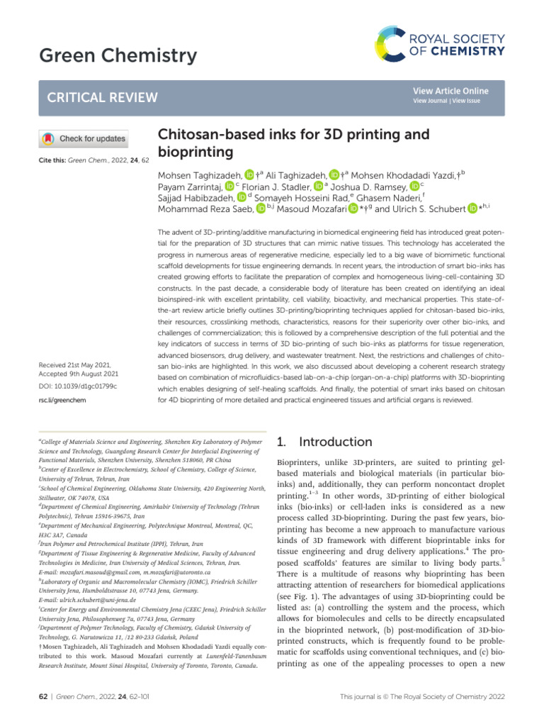 Green Chemistry: Chitosan-Based Inks For 3D Printing and Bioprinting ...
