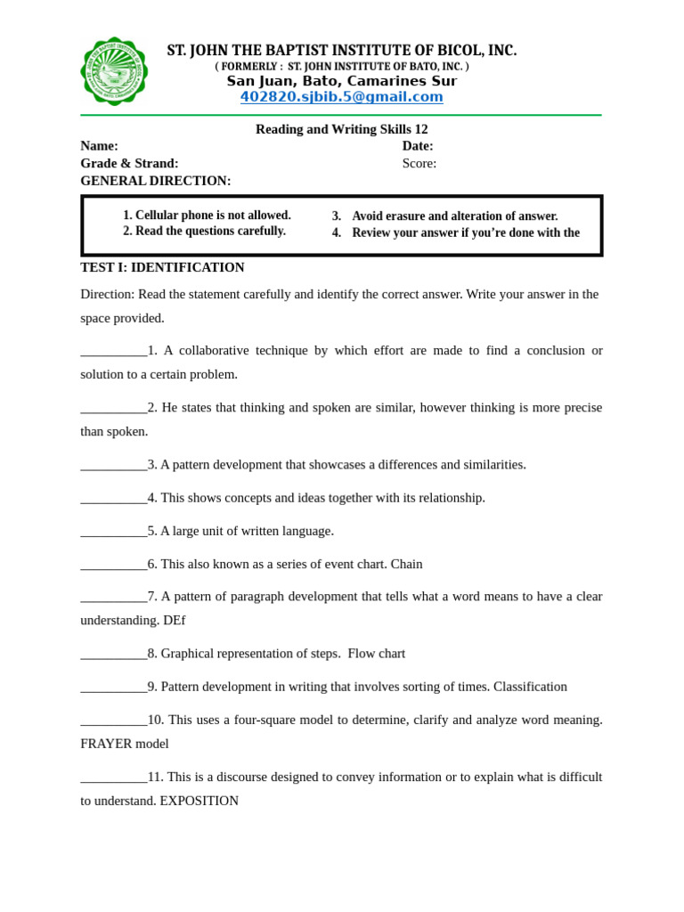 Q1 G12 Reading & Writing - 085514 | PDF | Human Communication ...