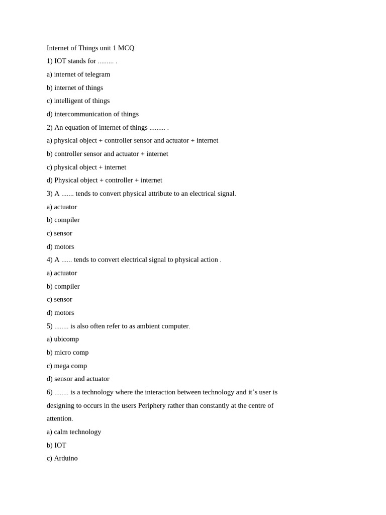 Internet of Things Unit 1 MCQ | PDF | Computer Network | System On A Chip