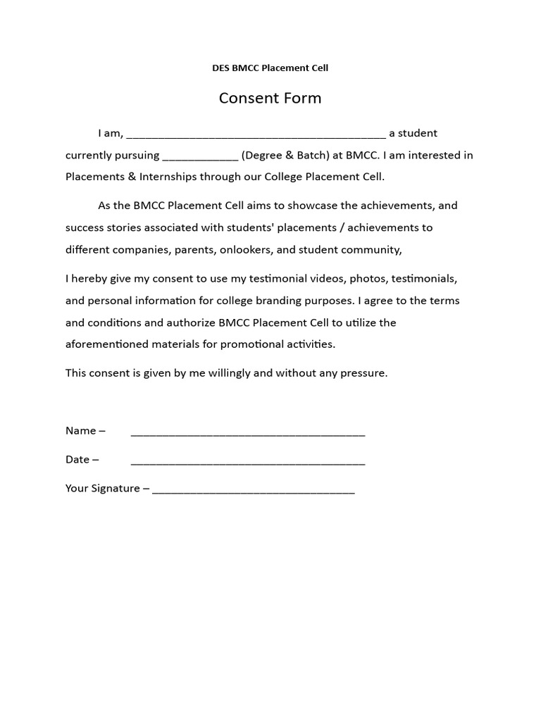 BMCC Placement Cell Consent Form | PDF