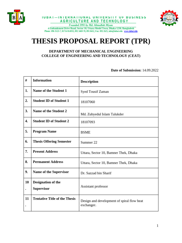 Thesis Proposal Report (TPR) Template | PDF | Heat Exchanger | Heat
