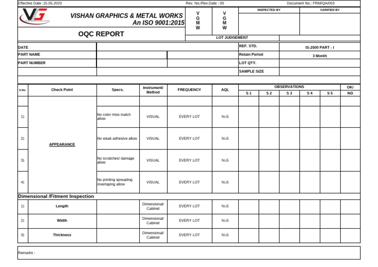 OQC Report for Lot Judgement Inspection | PDF