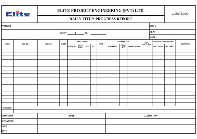 Daily Fitup Progress Report Template | PDF