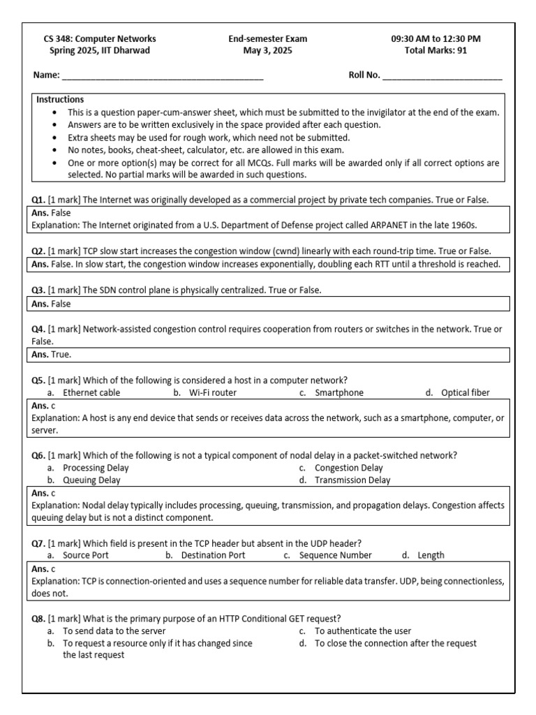 CS 348 Computer Networks Exam Paper | PDF | Transmission Control ...
