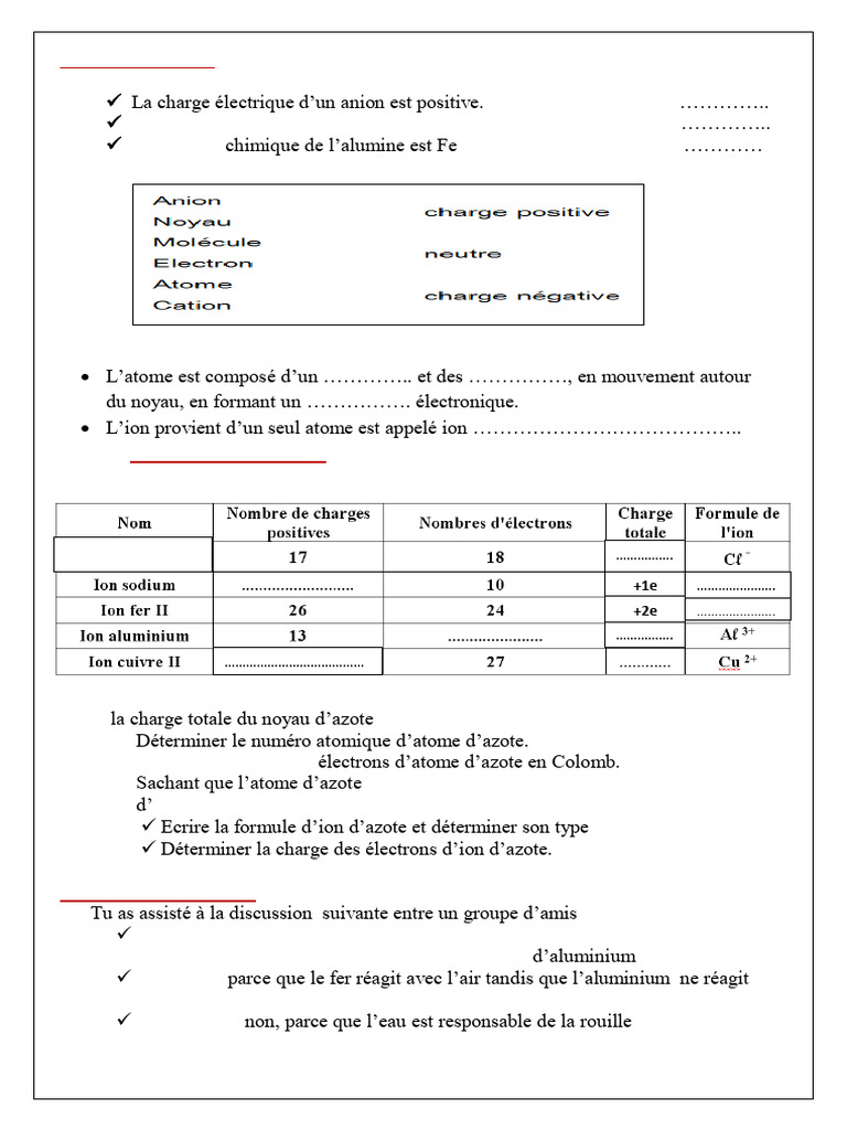 Exercices sur la chimie des atomes et ions | PDF