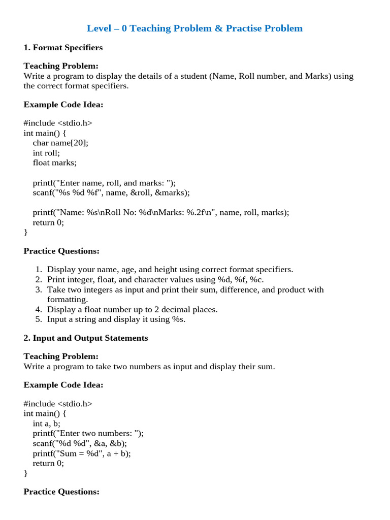 C Programming Basics: Problems & Solutions | PDF | Integer (Computer ...