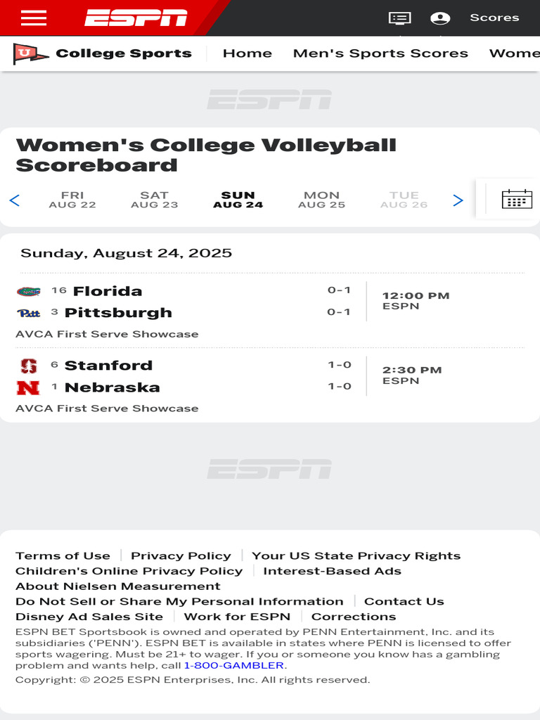 Women's College Volleyball Scores - August 24, 2025 - ESPN | PDF