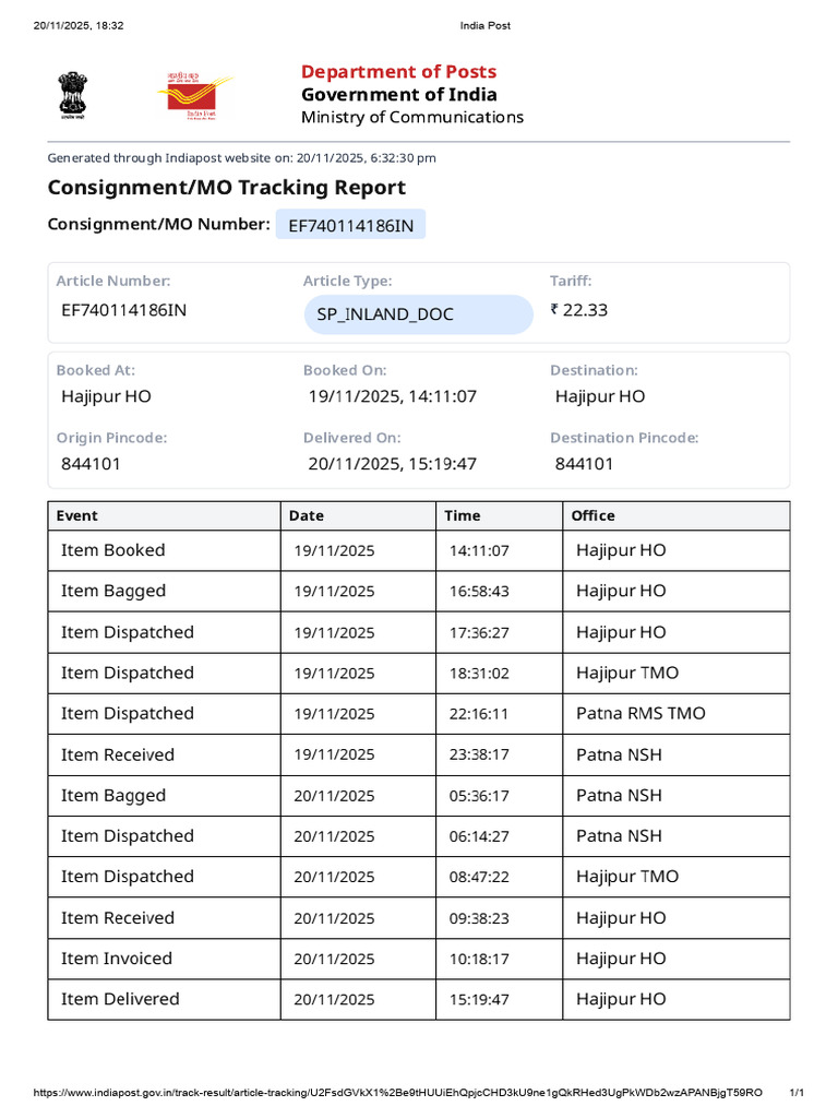 India Post Consignment Tracking Report | PDF