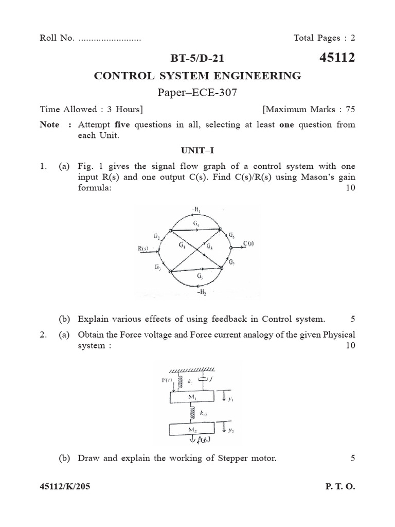 Control System Engineering Exam Paper | PDF | Feedback | Mechanics