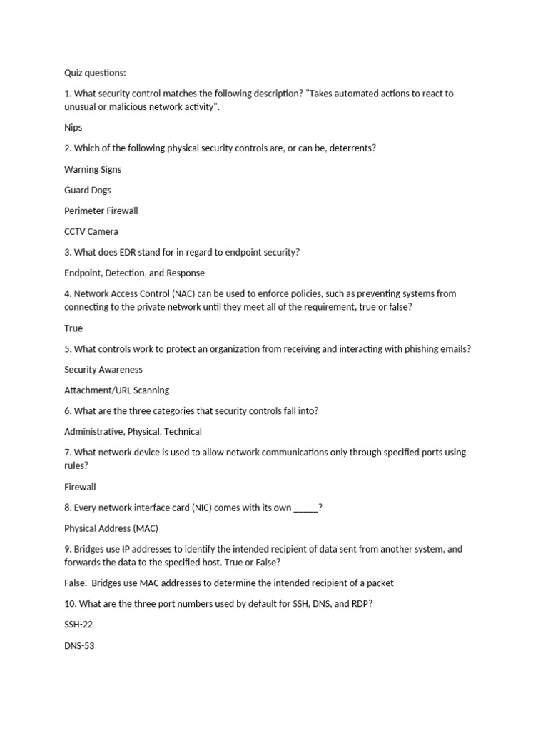 Security Control Quiz Questions and Answers | PDF | Malware ...