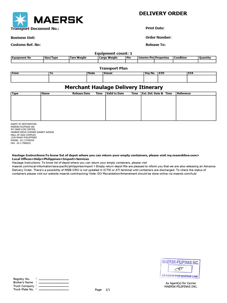 Maersk Delivery Order Details | PDF | Cargo | Freight Transport