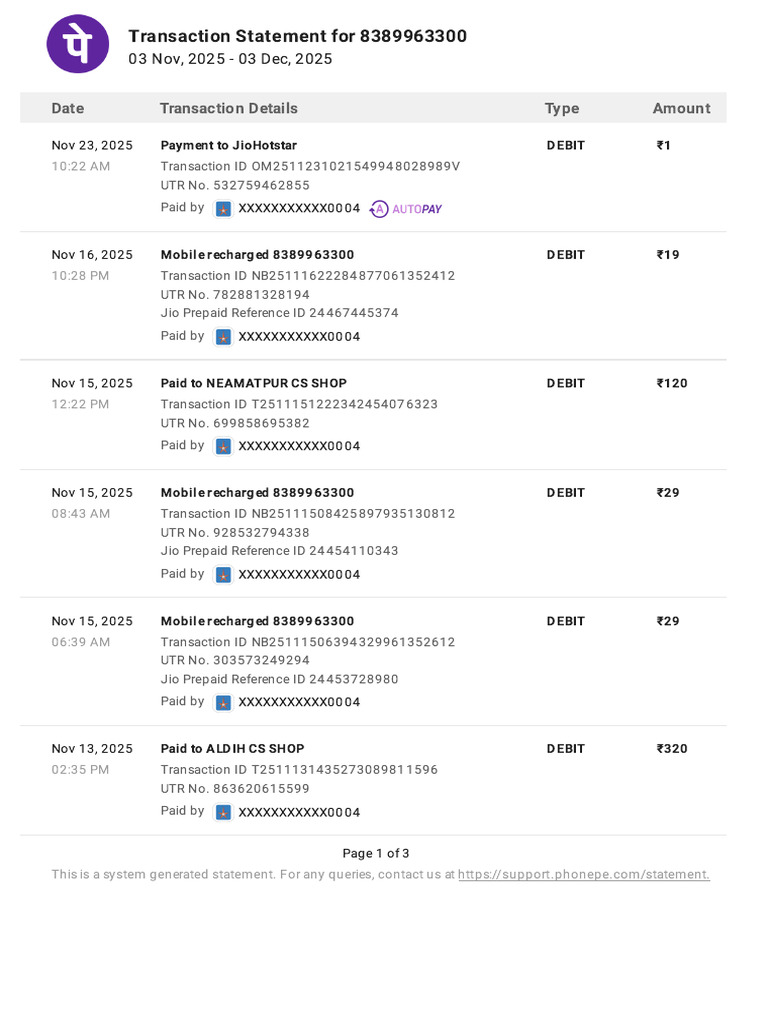 Transaction Statement for 8389963300 | PDF | Debit Card | Banking