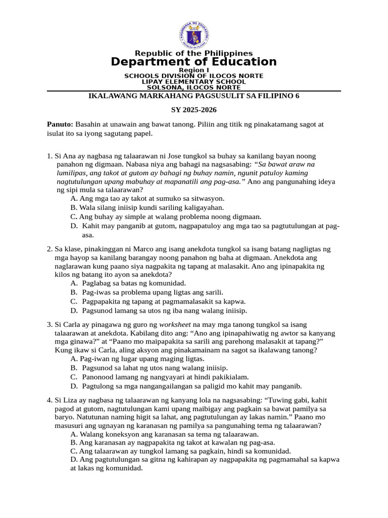 q2 Filipino 6 Ptest | PDF