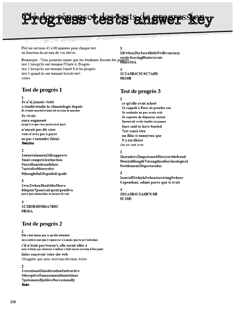 Clé des réponses des tests de progrès | PDF
