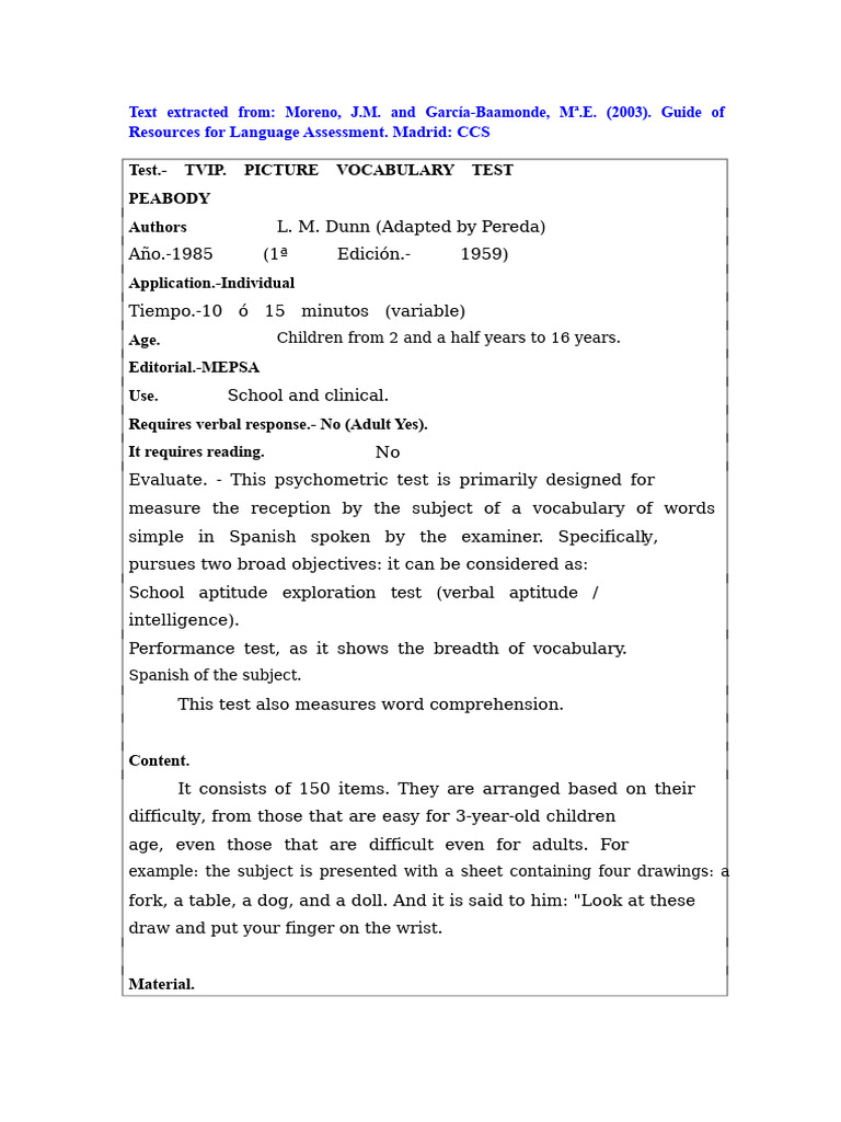 Vocabulary Assessment Test Guide | PDF