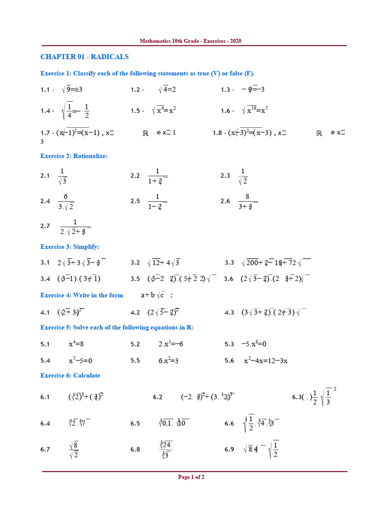 10th Grade Math Exercises: Radicals | PDF | Mathematics | Mathematical ...