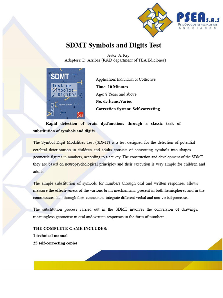 SDMT: Symbol Digit Modalities Test Guide | PDF