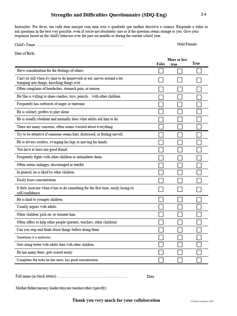 SDQ - Unilateral For Parents or Educators of Children Aged 2 To 4 Years ...