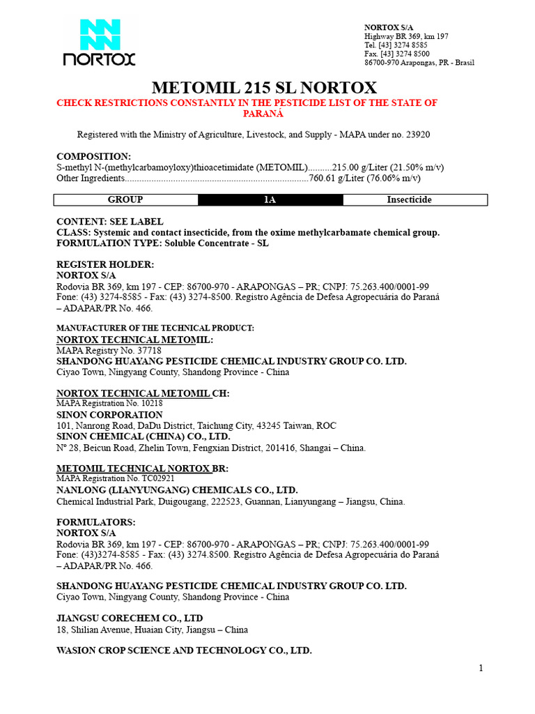 4. Metomil 215 Sl Nortox - Package Insert Ver 03 - 24.11 - Adapar | PDF ...