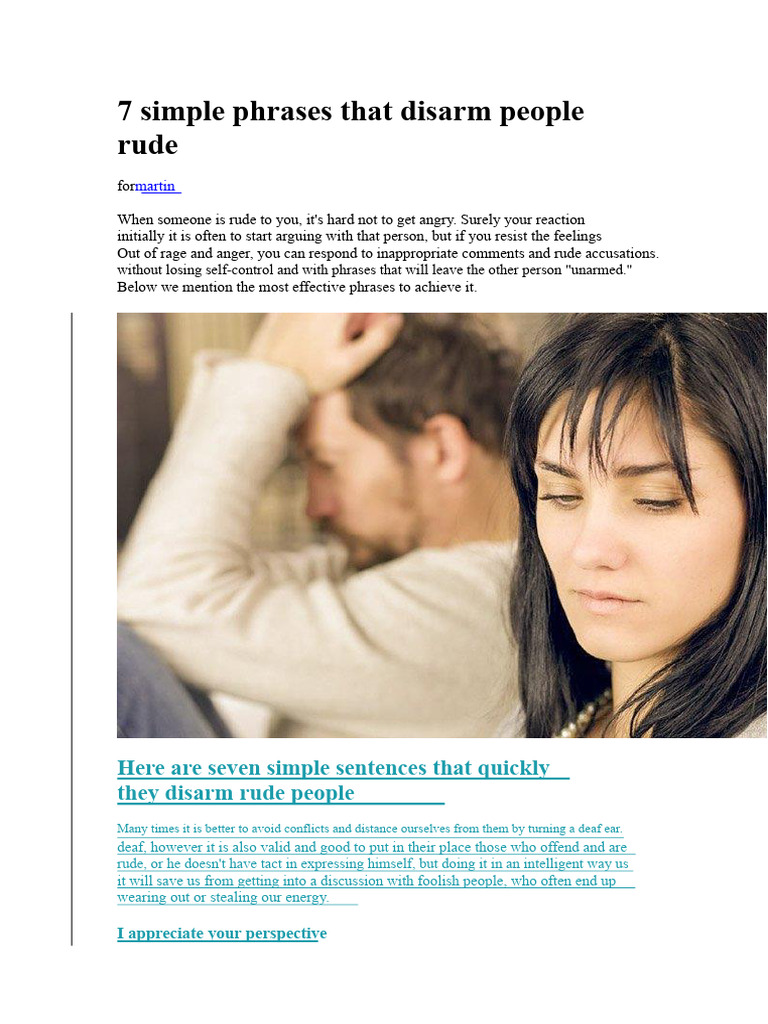 7 simple phrases that disarm rude people.docx | PDF | Anger | Social ...