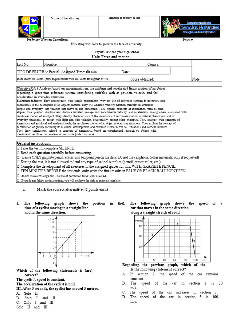 High School Physics Test: Force & Motion | PDF | Force | Acceleration