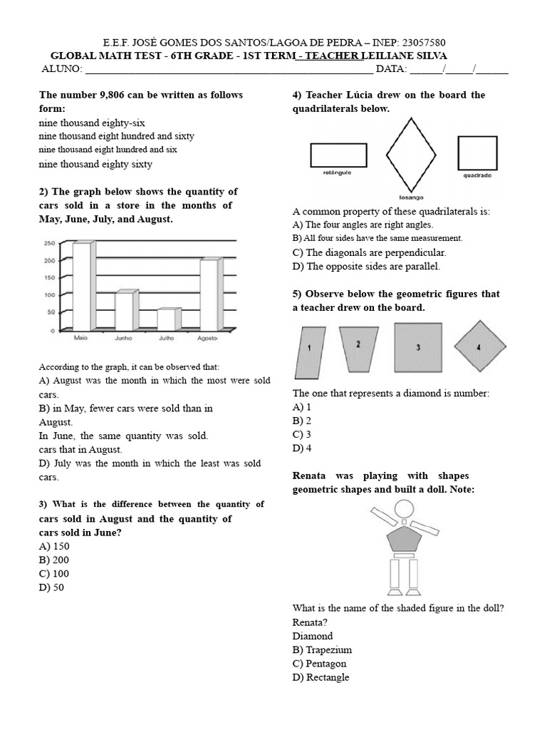 6th & 7th Grade Math Test Questions | PDF | Geometry | Polytopes
