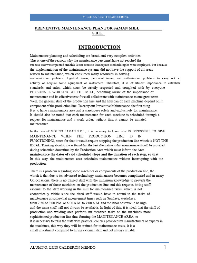 Preventive Maintenance Plan for Saman Mill | PDF | Reliability ...