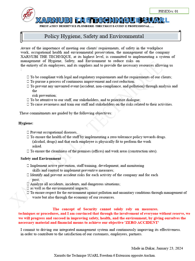 Hygiene, Safety & Environment Policy | PDF | Occupational Safety And ...