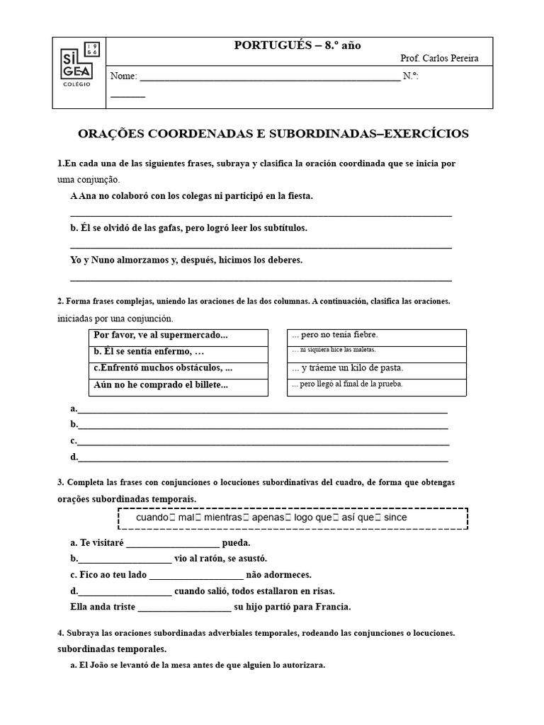 Ejercicios de Oraciones Coordinadas y Subordinadas | PDF | Unidades ...