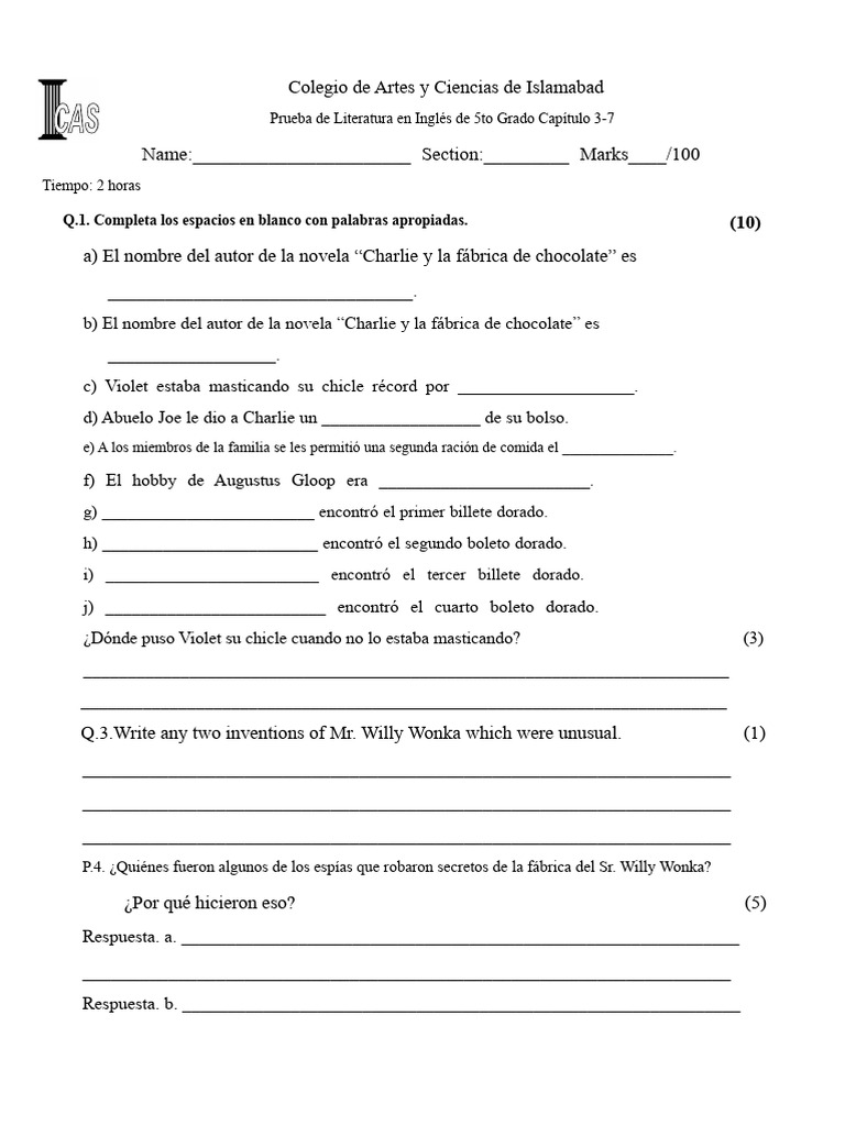 Prueba de Literatura 5to Grado: Capítulos 3-7 | PDF
