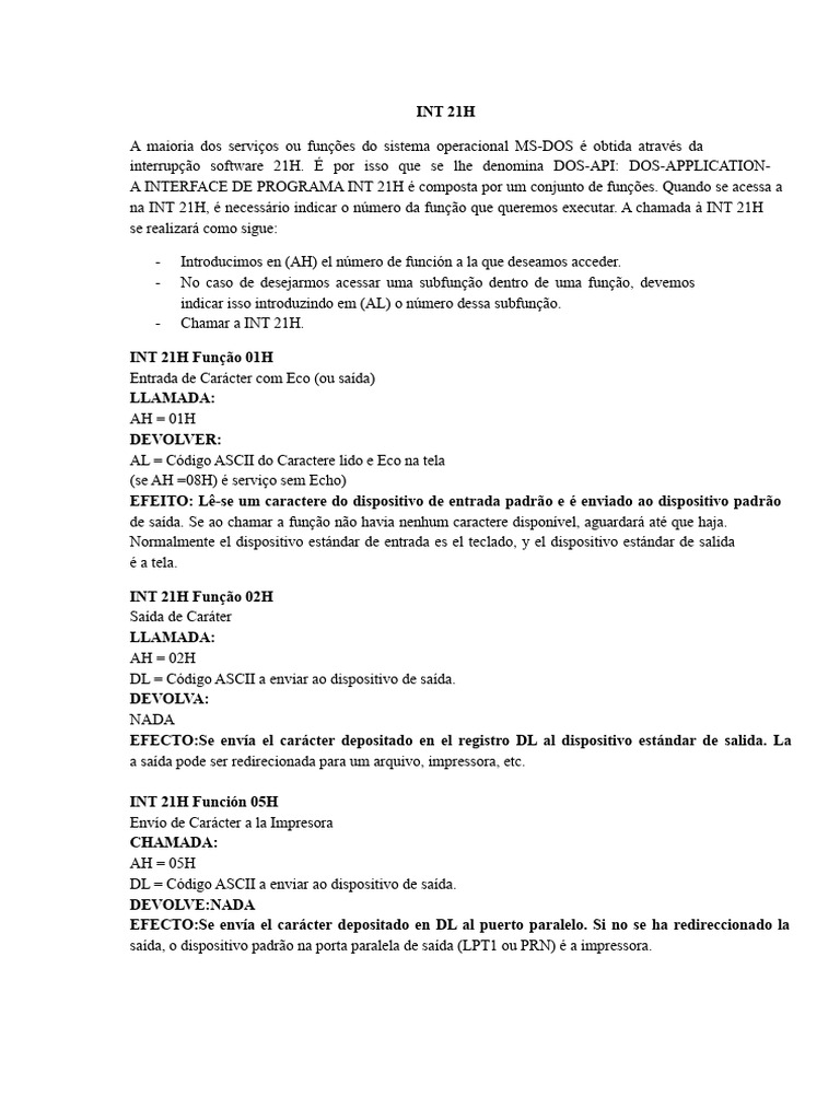 Funções da INT 21H no MS-DOS | PDF | Ponteiro (programação de ...