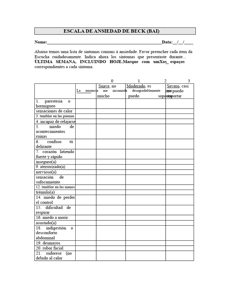 Escala de Ansiedad de Beck (BAI) | PDF
