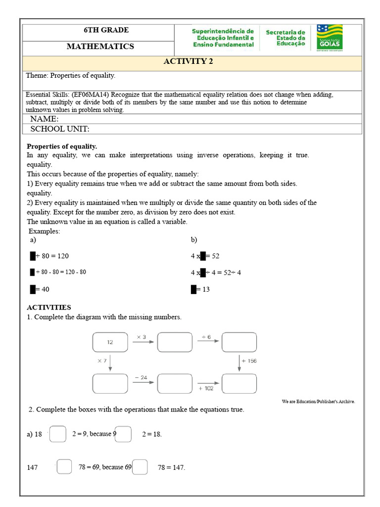 6th Grade Math: Properties of Equality | PDF | Equations | Multiplication